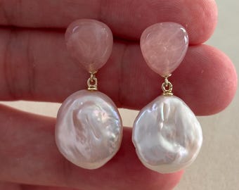 Gold Pink Quartz Pearl Drop Earrings: Freshwater Coin Pearl Dangle Jewelry, Elegant Bridal Studs