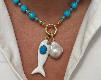 Turquoise Beaded Necklace with Fish Charm & Baroque Pearl Gold Pendant: Coastal Jewelry For Her