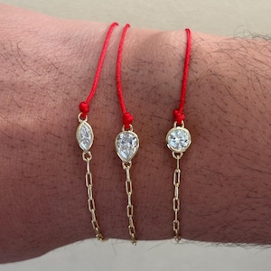 Red String & Gold Paperclip Moissanite Solitaire Bracelet: Round, Marquise, Pear Cut Dainty Protection Jewelry