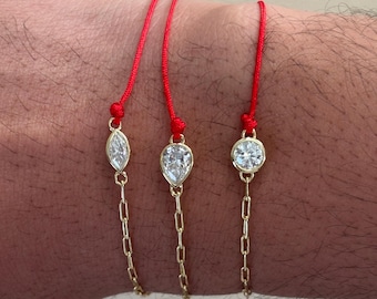 Red String & Gold Paperclip Moissanite Solitaire Armband: Rund, Marquise, zierlicher Schutzschmuck im Tropfenschliff