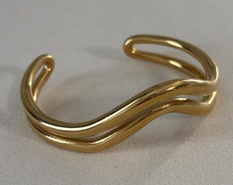 Gold Wavy Cuff Bracelet: Chunky Statement Bangle, Double Band Wave Jewelry, Stainless Steel