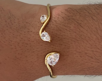 Gold Pear Cut Cuff Bracelet: Wavy Open Diamond Bangle, Statement Jewelry For Her