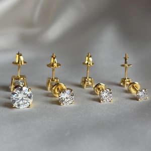 Gold Moissanite Stud Earrings, Diamond Stud Earrings, Moissanite Prong Earrings, Gold Plated Screw Back Earrings, Dainty Diamond Studs, Gift