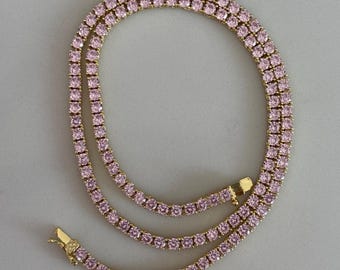 Pink Diamond Tennis Necklace: Brass & 14K Gold Plated Chain, Rose Cubic Zirconia Stacking Choker