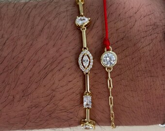 Gold Mixed Cut Tennis Bracelet: Dainty Cubic Zirconia Pear, Baguette & Marquise Cut Jewelry