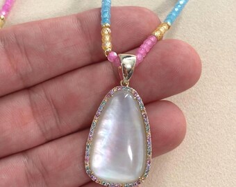 Multicolor Pastel Beaded Necklace: Mother of Pearl Pendant, Gold Accent Statement Layering Gemstone Jewelry