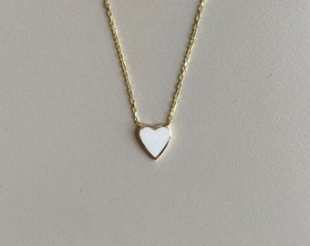 Dainty White Heart Necklace, 14K Gold Heart Necklace, Gold Plated Heart Necklace, Heart Charm Necklace, White Enamel Heart Necklace