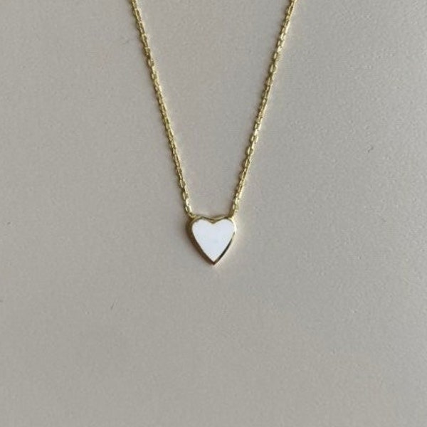 Dainty White Heart Necklace, 14K Gold Heart Necklace, Gold Plated Heart Necklace, Heart Charm Necklace, White Enamel Heart Necklace