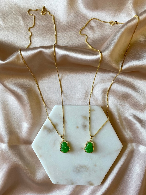 Dainty Jade Buddha Necklace, Dainty Pendant, 14K Gold Plated, .925