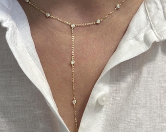 Moissanite Lariat Necklace: Bezel Station Y Drop Gold Choker, Dainty Minimalist Sterling Silver Jewelry