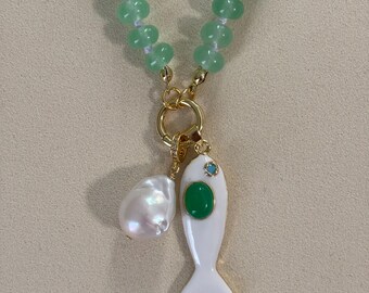 Green Aventurine Beaded Necklace With Fish Charm & Baroque Pearl Gold Pendant Coastal Jewelry