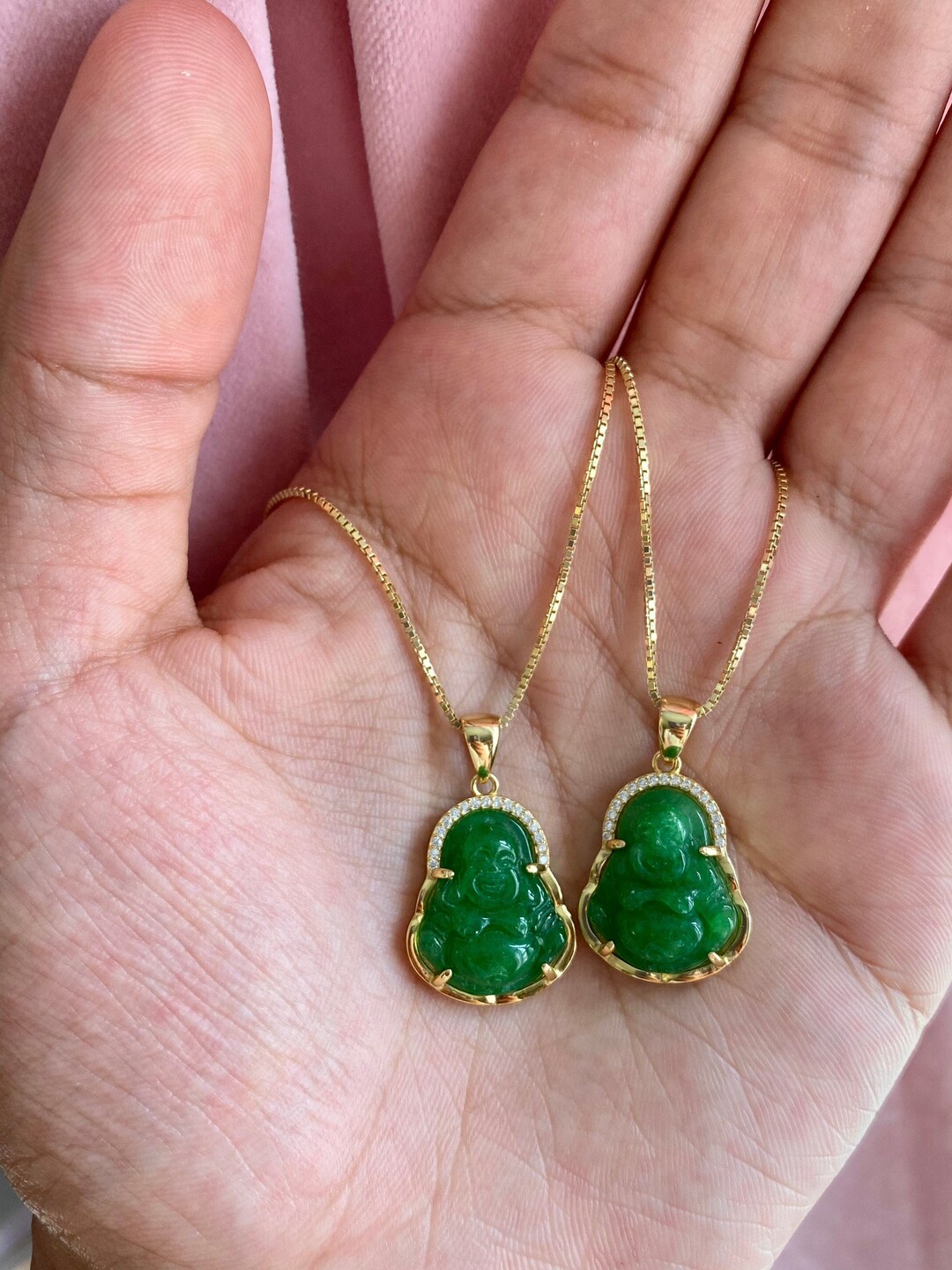 Genuine Green Jade Buddha Necklace, Sterling Silver, 14K Gold Plated