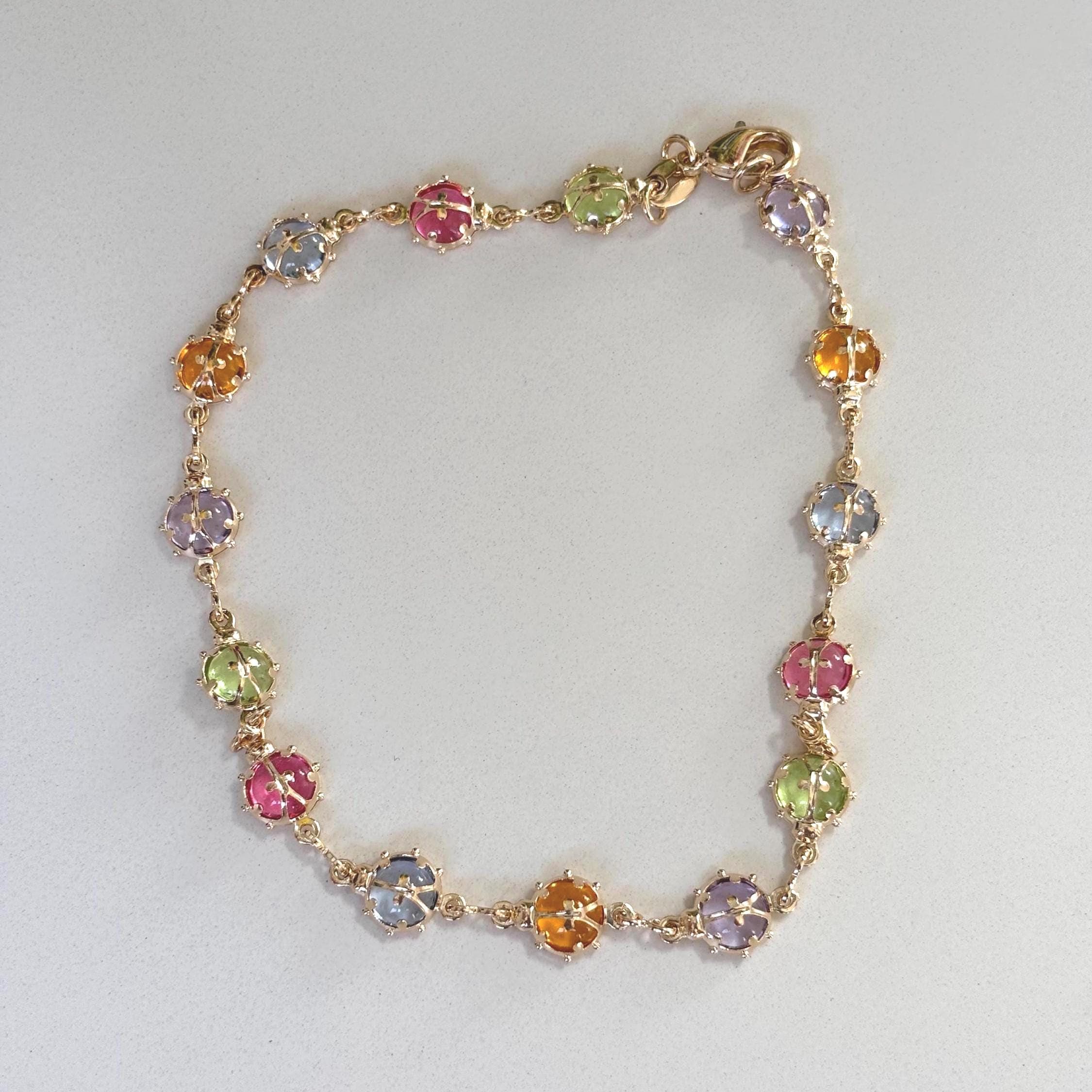 Dainty Pastel Ladybug Charm Anklet, Multi-Charm Ankle Bracelet, 18K Gold Filled Anklet, Ladybug Anklet, Gift For Her, Stacking Anklet
