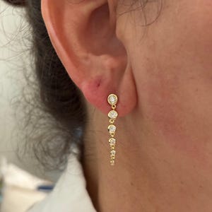 Moissanite Bezel Dangle Drop Earrings: Dainty Gold Plated Graduated Bridal Wedding Jewelry