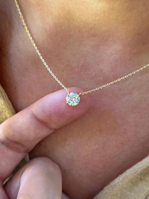 Moissanite Solitaire Diamond Necklace, Gold Solitaire Diamond Pendant, Dainty Moissanite Necklace, Floating Diamond, Single Diamond Necklace