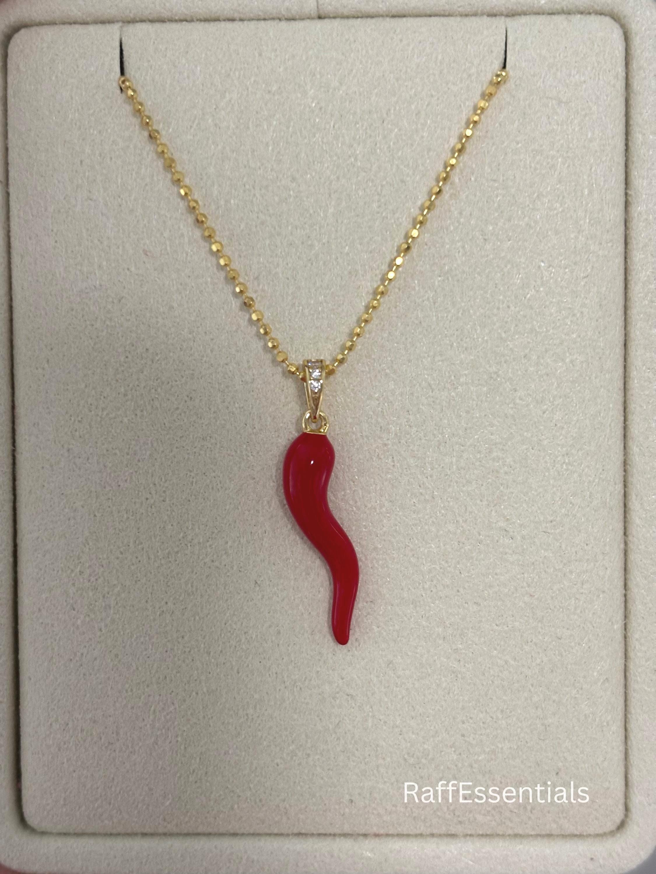 Gold Red Italian Horn Necklace: Cornicello Pendant, Good Luck