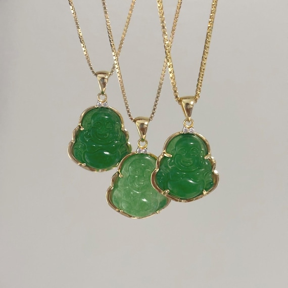 Genuine Green Jade Buddha Necklace, Green Buddha Necklace, 14K Gold Buddha Necklace, Gold Plated, .925 Sterling Silver, Gold Buddha Pendant