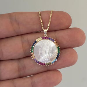 Rainbow Statement Virgin Mary Charm Necklace, Round Virgin Mary Necklace, Gold Halo Virgin Mary Pendant, Gift For Her, Religious Necklace
