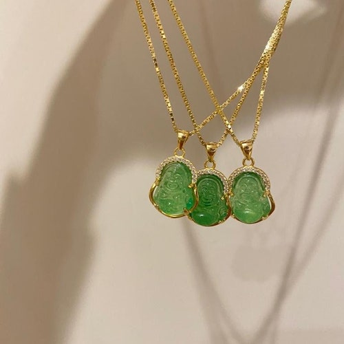 Dainty Jade Buddha Necklace, Dainty Pendant, 14K Gold Plated, .925