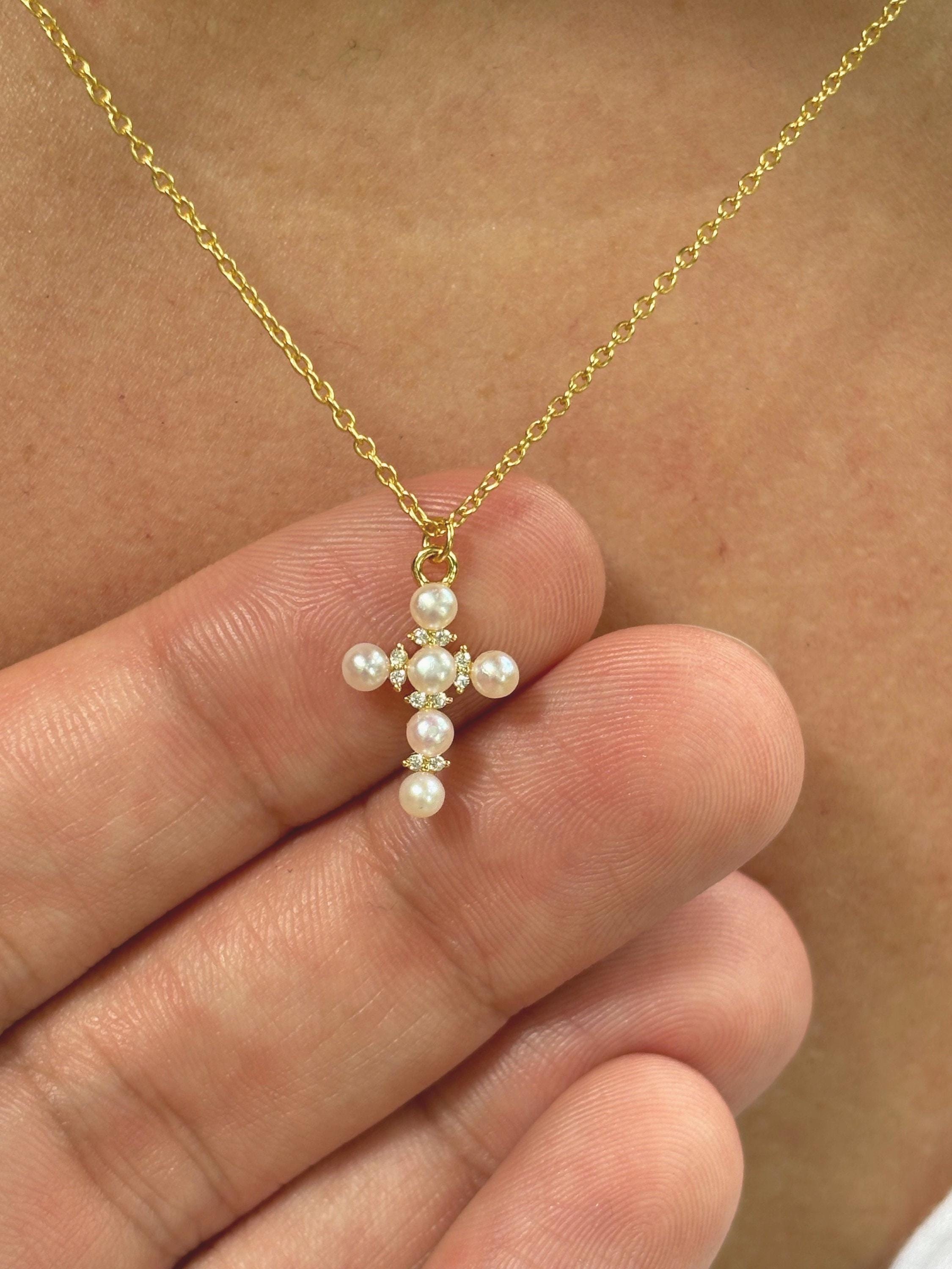 Dainty Pearl Cross Necklace, 14K Gold Plated, Gold Pearl Crucifix, Cross Necklace, Small Cross Necklace, Adjustable Length, Gift For Her