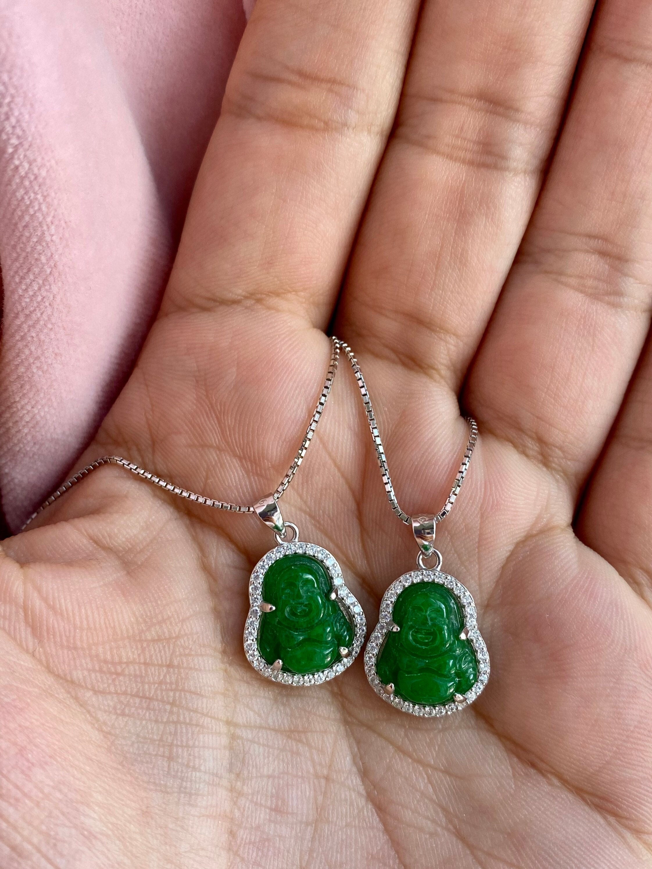 Tiny Silver Jade Buddha Necklace .925 