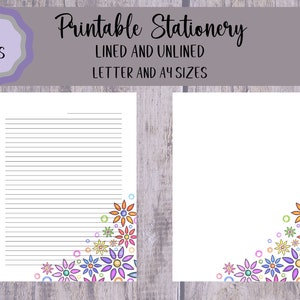 Printable Watercolor Daisy Doodles Stationery, Letter Writing Paper, Digital Note Paper, A4, Letter, Lined, Unlined Notes