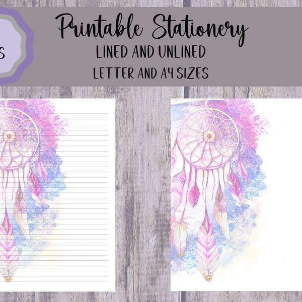 Printable Large Dream Catcher Stationery, Letter Writing Paper, Digital Note Paper, A4, Letter, Lined, Unlined Notes