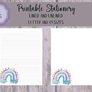 Printable Bright Watercolor BOHO Rainbow Stationery, Letter Writing Paper, Digital Note Paper, A4, Letter, Lined, Unlined Notes
