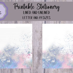 Printable Blue Watercolor Splash Stationery, Letter Writing Paper, Digital Note Paper, A4, Letter, Lined, Unlined Notes