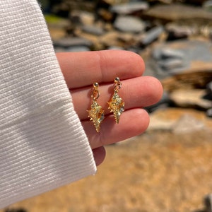 Dainty 18k Gold Plated Conch Shell Dangle Stud Earrings, Water and Tarnish Resistant, Jewellery Inspired by the Ocean