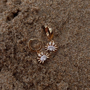 18k Gold Plated Cubic Zirconia Crab Earrings, Crustacean Themed Huggie Hoops (12mm), Water and Tarnish Resistant Beach Jewellery