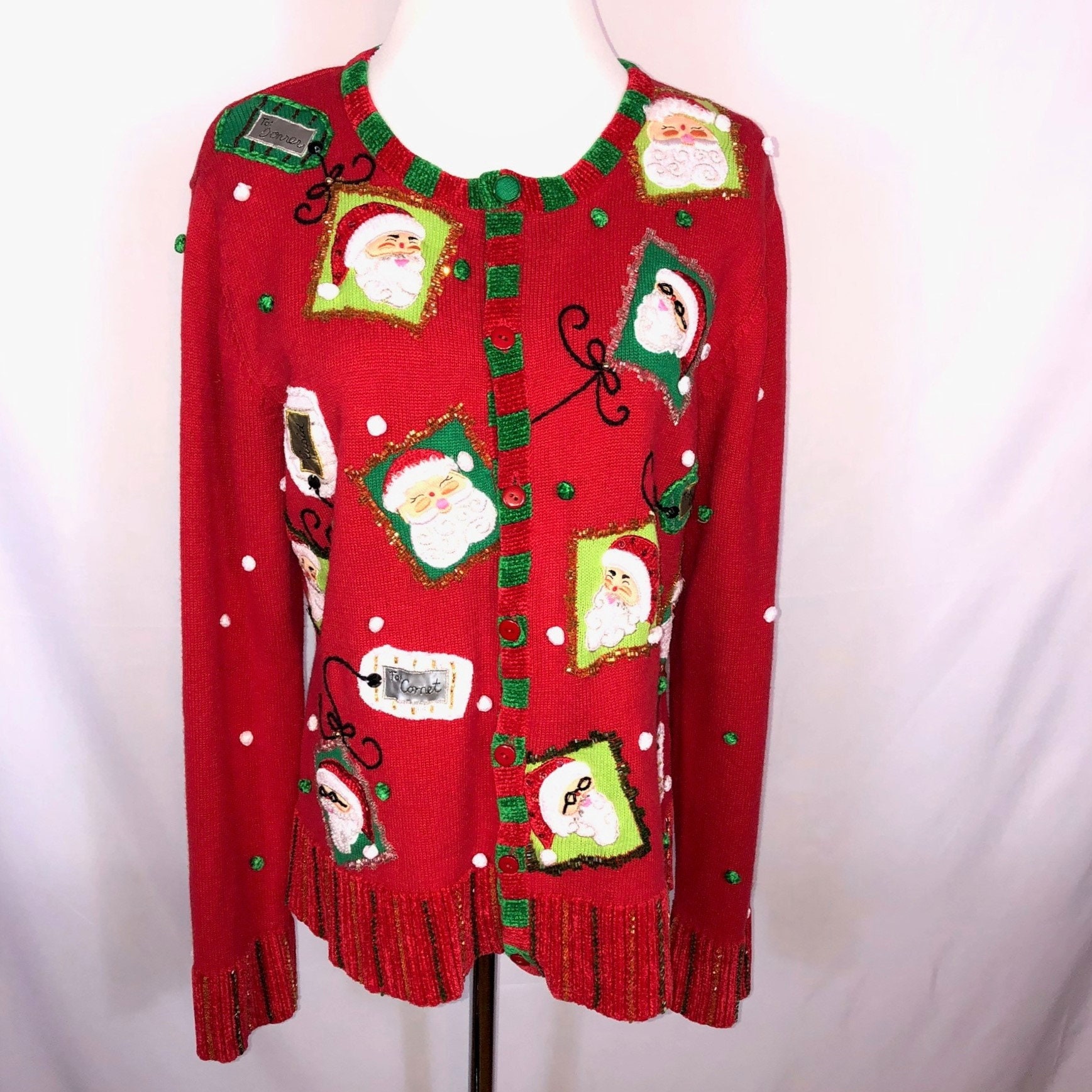 FabVintageFashion Berek Vintage Cute Ugly Christmas Sweater portraits of Santa Cotton Blend Cardigan Size L