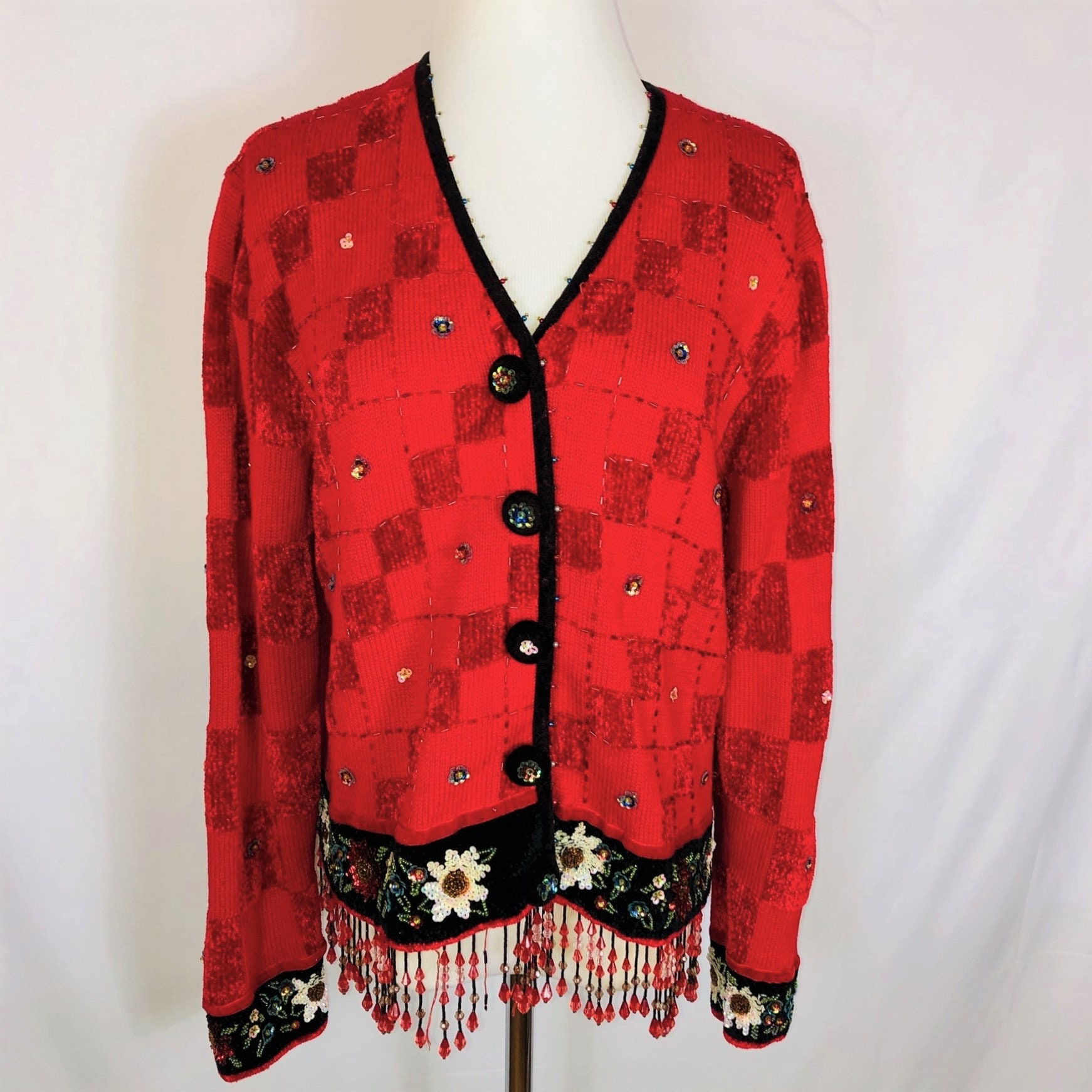 Berek Vintage Embroidered Beaded Not So UGLY CHRISTMAS SWEATER Size M Cotton Blend Cardigan