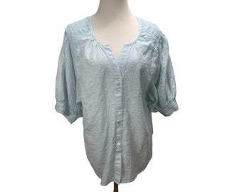 Sundance Haut paysan taille L Bohème en coton bleu smocké pour femmes, boutonné sur le devant