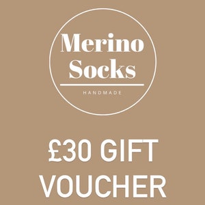 May include: A brown gift certificate for a £30 voucher for Merino Socks, a handmade sock company.