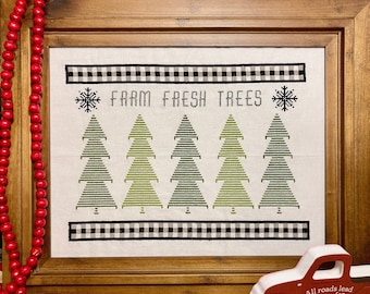 Christmas Winter Farmhouse Trees Buffalo Plaid Cross Stitch Pattern PDF