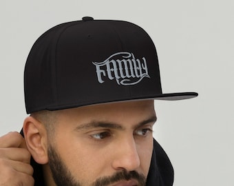 Black Snapback Hat: Gothic 'Family' Ambigram, Alt Skater Style