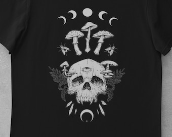 Skull, Mushroom, and Moon Phase T-Shirt / Alternative Occult Clothing / Pastel Goth Clothing / Graphic Tee / Bold Tee / Goblincore Goth Tee