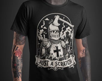 JUST A SCRATCH | Medieval Skeleton Knight T-Shirt | Dark Gothic Warrior Tee | Burning Battlefield Horror Art | Vintage Macabre Graphic Shirt