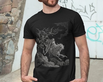 Illustrazione della MORTE/ Gustave Dorè/ Ecco un cavallo pallido/ Stampa edizione grigia/ T-shirt nera/T-shirt unisex/T-shirt di Halloween/ Scuro alternativo/