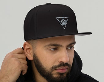 Black Snapback Hat  Skull design / triangle embrodery design / double colors snapback / grey skull hat / Alt Clothing / Goth Clothing /