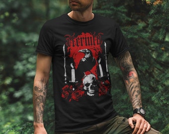 Skull, Crow, and Rose T-Shirt - Crow and Skull T-Shirt - Skull T-Shirt - Gothic Clothing - Pagan and Occult Viking Clothing