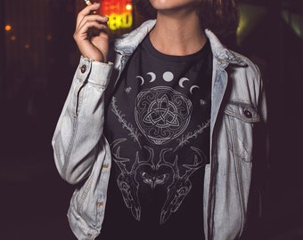 Moon Phases Celtic Symbol Deer Skull Moth T-Shirt/Triquetra T-Shirt/Triskelion T-Shirt/Gothic Punk T-Shirt/Unisex Adult Clothing/Occult Art/