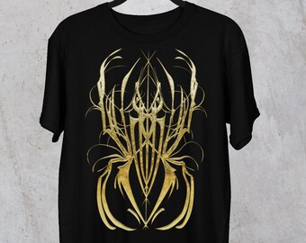 Gold Calligraphy Spider T-Shirt: Dark Metal Art Unisex Tee