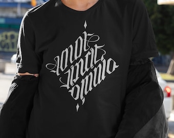 Gothic Lettering T-Shirt: Omnia Vincit Amor Ambigram Design