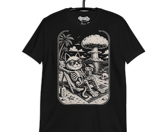 ATOMIC VACATION | Skeleton Cat Beach T-Shirt | Dark Humor Apocalypse Tee | Nuclear Explosion Funny Goth Summer Shirt
