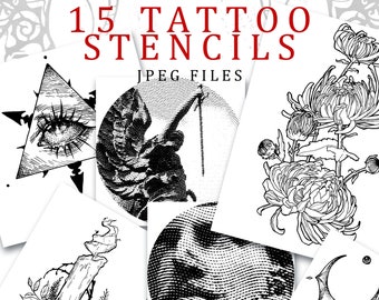 15 originella CLIPART DRAW-stenciler redo att tryckas / blommiga stämplar / häxtatuering / mörk teckning / gotisk tatuering / mörk pricktatuering