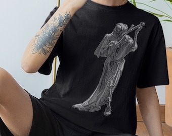 Macabre Skull tshirt- The death t shirt- Death playing the violin t shirt- Alternative Clothing-Old print