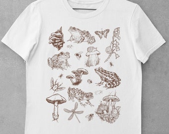 Frog and Mushroom T-Shirt, Botanical Art/Dark Academia/Aesthetic T-Shirt/Vintage Mushroom/Frog and Mushroom/Goblincore Goth Clothing