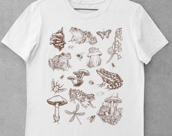 Mushrooms Frogs tshirt Bugs Botanical art /Dark Academia/ aesthetic shirt/ Vintage Mushroom/ Frog and fungi/Goblincore Goth Clothing